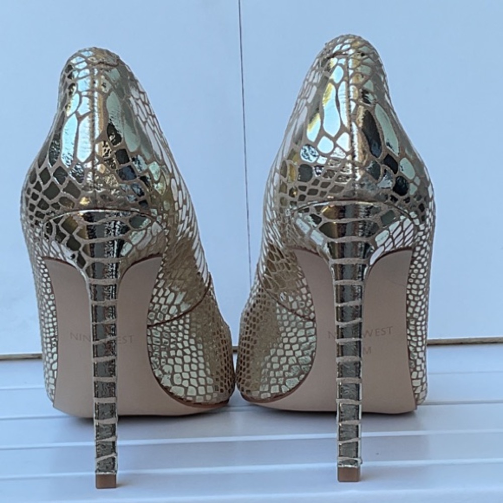Nine West Tatiana Metallic Gold Snake-Embossed Pointed Heels - Picture 5 of 9